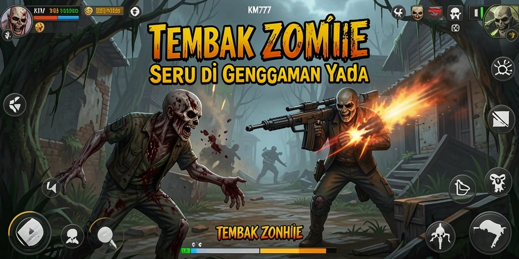 Tampilan antarmuka <strong>KM777</strong> yang menegangkan dalam aksi tembak zombie.