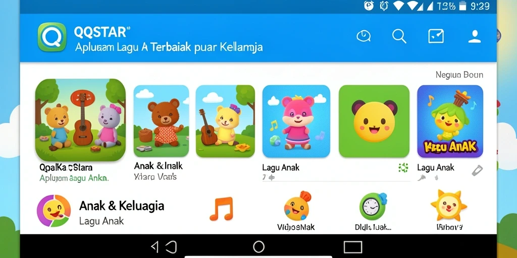 Screenshot aplikasi QQSTAR yang menunjukkan antarmuka Lagu Anak yang ramah anak.